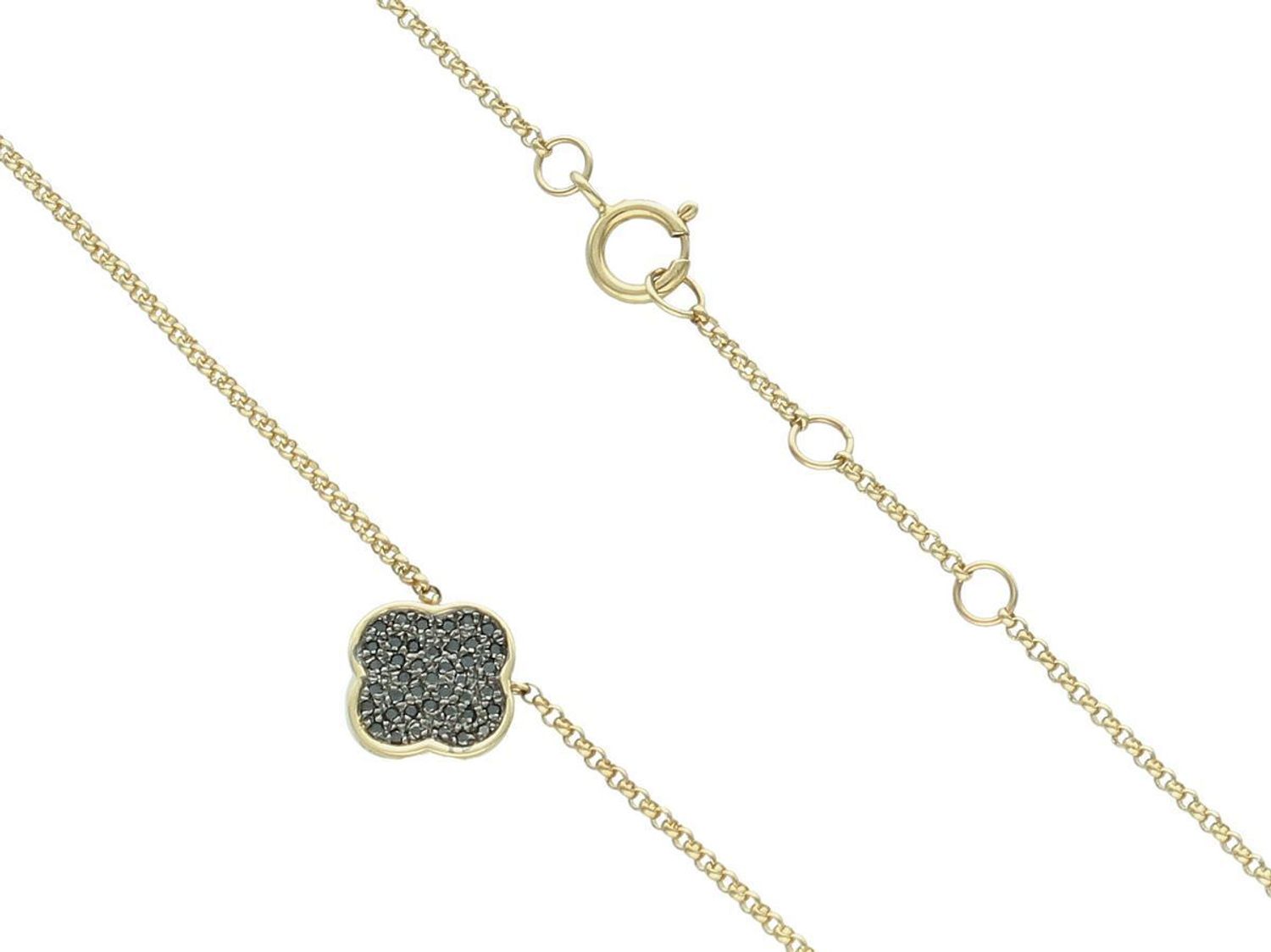 Złoty naszyjnik damski koniczyna z czarnymi diamentami 585 N10163 Y G BD Zawieszka posiada 41 czarnych brylantów wielkości 0,09 ct, czystości SI oraz barwie H. 1.jpg